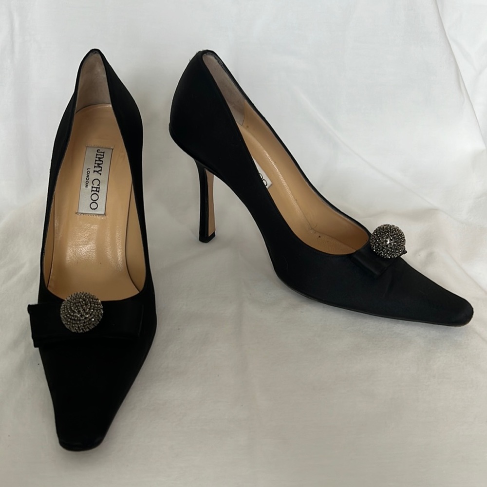 Jimmy Choo black satin pumps with bow & jewelry detail